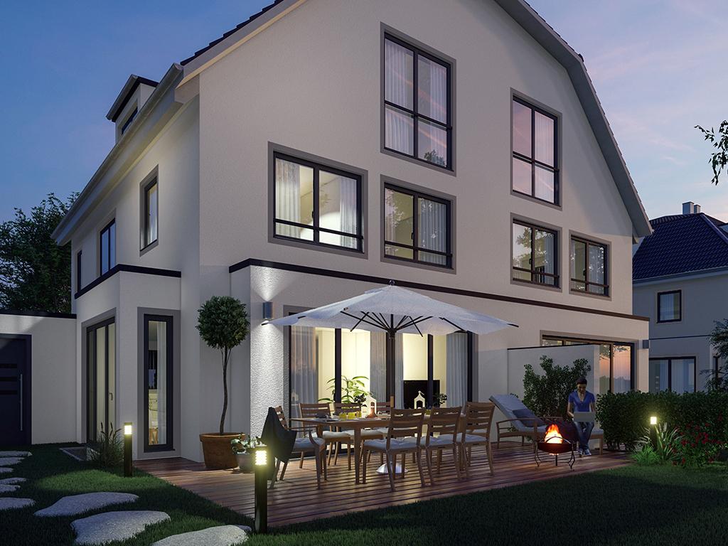 Außenansicht Einfamilienhaus am Abend